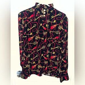 Vintage Talbots Black Blouse with Red and Gold Accents
